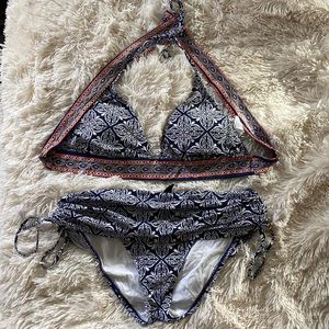 La Blanca bikini swimsuit navy orange string tassel design comfortable tie lined